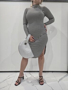 Material Girl Black and White Striped Turtleneck Dress